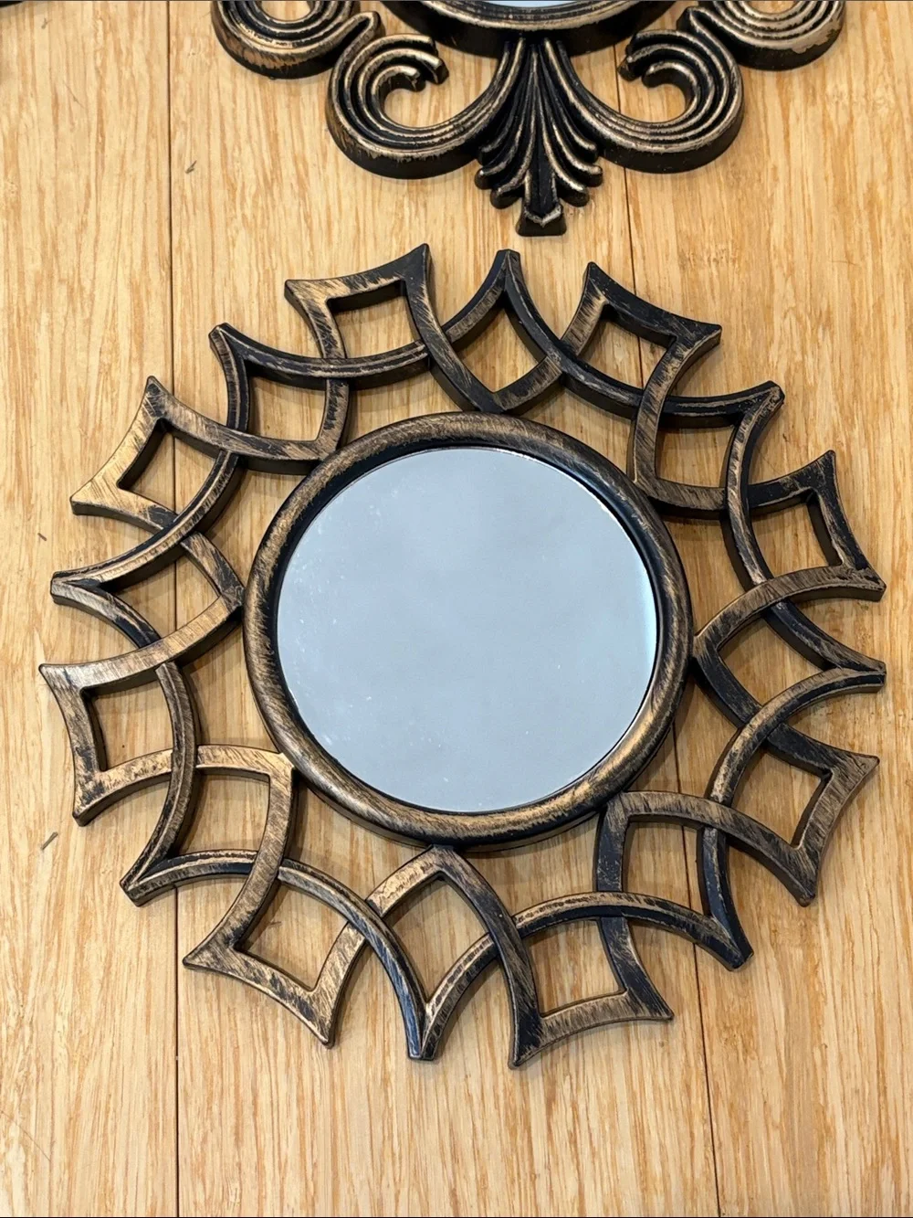 Decorative Sunburst Wall Mirrors - Plastic w/ Bronze Finish (Set of 4) - 9.5” W